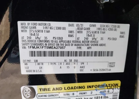 2021 Ford Expedition Xl Max из США, поврежденный, VIN 1FMJK1FT5MEA27057